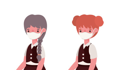 Girls kids with medical masks and uniforms design, Back to school and social distancing theme Vector illustration