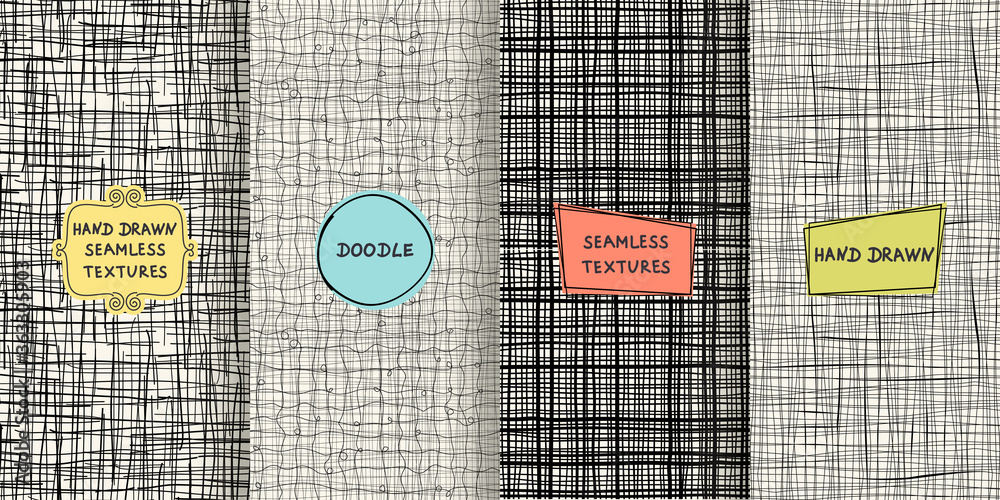 Poster set of seamless hand drawn texture designs for backgrounds, business cards, web design. doodle patte