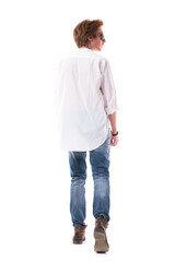 Rear view of handsome stylish young man in white shirt leaving and walking looking away. Full body length isolated on white background. 