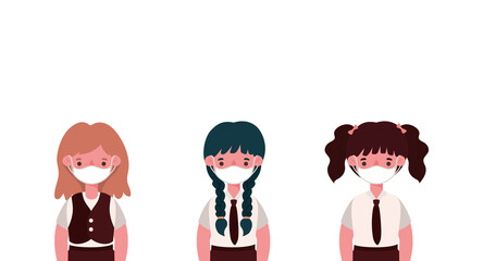 Girls kids with medical masks and uniforms design, Back to school and social distancing theme Vector illustration