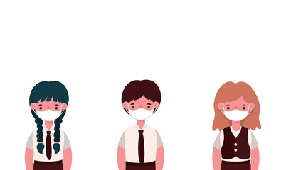 Girls and boy kids with medical masks and uniforms design, Back to school and social distancing theme Vector illustration