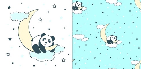 Vector illustration of a cute Panda bear sleeping on the moon. Greeting card and seamless pattern.