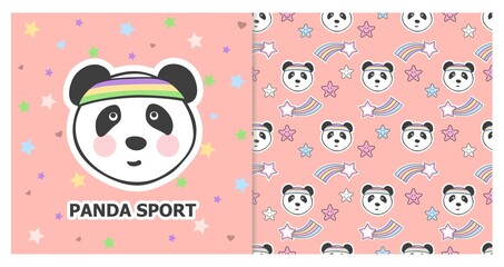 Vector illustration of a cute Panda face. Greeting card and seamless pattern.