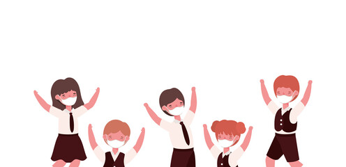 Girls and boys kids with medical masks and uniforms jumping design, Back to school and social distancing theme Vector illustration