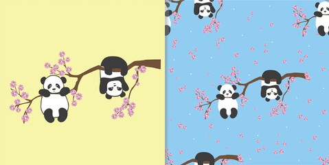 Vector illustration of a little Panda on Sakura tree branch. Greeting card and seamless pattern.