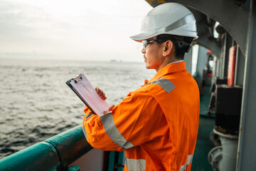 Filipino deck Officer on deck of offshore vessel or ship , wearing PPE personal protective...