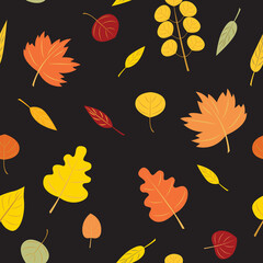 Seamless pattern with autumn leaves. Autumn leaf fall. Vector flat illustration on the black background.
