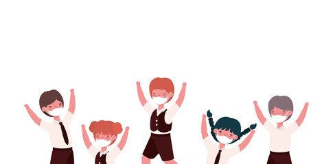Girls and boys kids with medical masks and uniforms jumping design, Back to school and social distancing theme Vector illustration