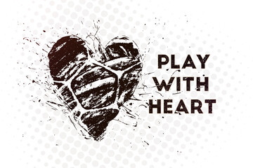 Play with heart. Vector illustration of abstract football background with grunge soccer ball print in shape of heart
