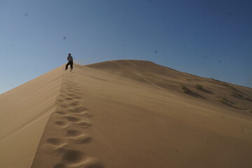 Fototapeta na wymiar Woman hiker on a sand dune