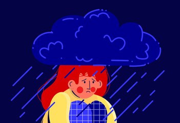 Depressed sad girl sitting and hugging her knees under a cloud with rain. The concept of support and care for people under stress. Psychology, bad mood. Stock vector illustration.