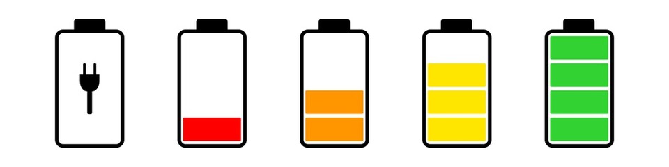 Battery charge level indicators set. Vector illustration. Energy storage concept. Colorful batteries. Set of accumulators. © Саша Мельник