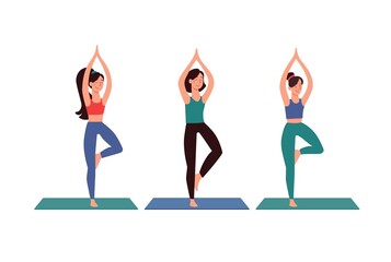Vector set of girls who do yoga. During quarantine, people play sports at home, in safety. Workout at home, female fitness, performing asanas. Flat.style isolated on white