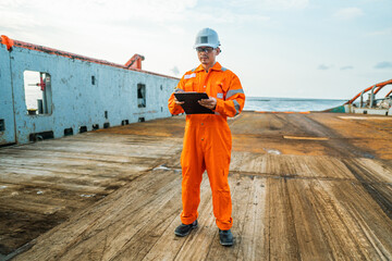 Filipino deck Officer on deck of offshore vessel or ship , wearing PPE personal protective equipment. He fills checklist. Paperwork at sea