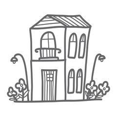Doodle sketch of hand drawn house in vintage style. Contour coloring for children. Isolated over white background. Vector illustration