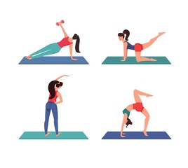 Set slender girls do gymnastics on mats. Workout at home, fitness vector. During quarantine, people play sports at home, in safety. Training women, flat .style, isolated on white.