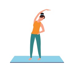 The girl goes in for sports on the mat. Vector illustration of gymnastics. A slender woman tilts to the side, stretches. Isolated on white, flat style.