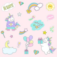 Set of cute unicorn icons, rainbow and stars, child vector illustration, cartoon design
