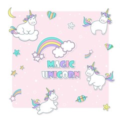 Set of cute unicorn icons, rainbow and stars, child vector illustration, cartoon design