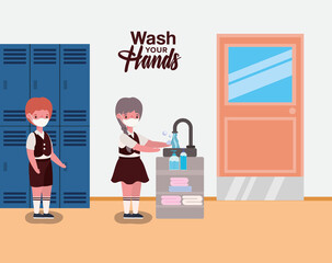 Girl and boy kid with uniform and medical mask washing hands design, Back to school and social distancing theme Vector illustration