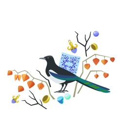 Cute original illustration with magpie, majolic elements, physalis and jewelry. Vector illustration.
