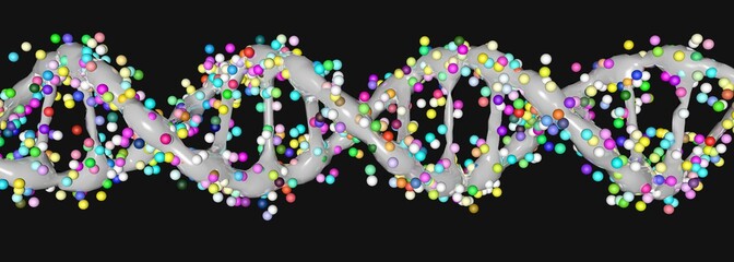 DNA molecule  on a black background . 3D render - Illustration. 