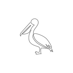 One single line drawing of cute pelican for company business logo identity. Big bird mascot concept for expedition corporation. Modern continuous line draw vector graphic design illustration