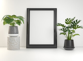 Mockup Poster Black Frame With Plants On White Wall 3D Render