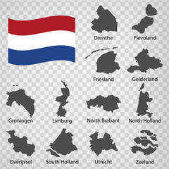 Twelve Maps  Provinces of Netherlands - alphabetical order with name. Every single map of  Province are listed and isolated with wordings and titles. Netherlands. EPS 10.