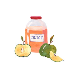 bottle with juice, detox for vegan and green apples watercolor illustration on a white background