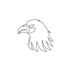 Single continuous line drawing of heroic eagle head for e-sport team logo identity. Falcon bird mascot concept for graveyard icon. Dynamic one line draw vector design graphic illustration