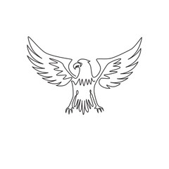 Single continuous line drawing of heroic eagle for e-sport team logo identity. Falcon bird mascot concept for graveyard icon. Dynamic one line vector draw graphic design illustration