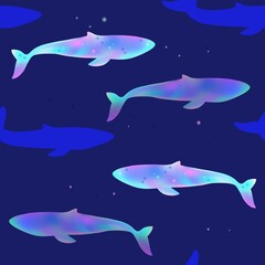 Seamless pattern with magical whale in the night starry sky. Vector illustration.