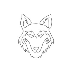 One continuous line drawing of dangerous wolf head for business logo identity. Wolves mascot emblem concept for conservation park icon. Modern single line draw graphic design vector illustration