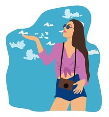 Cheerful girl photographer shows and present something tagline or text. Woman in glasses with long hair smiles and looks on a background of the blue sky. Stylish hand drawn flat illustration