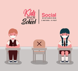 Girl and boy kid with uniform and medical mask at desk design, Back to school and social distancing theme Vector illustration