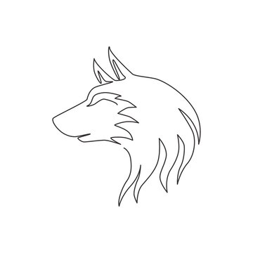 One continuous line drawing of dangerous wolf head for business logo identity. Wolves mascot emblem concept for conservation park icon. Trendy single line draw design vector graphic illustration