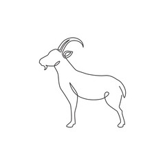 Single continuous line drawing of strong tough goat for business logo identity. Lamb emblem mascot concept for ranch icon. Trendy one line draw design vector graphic illustration