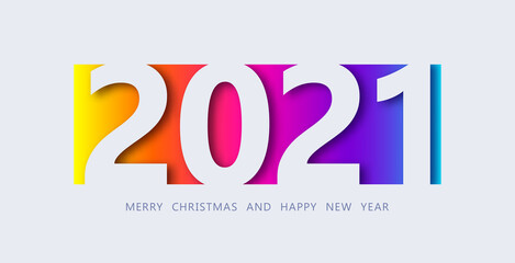Happy New Year 2021 banner in paper cut style. Design for social media, promotion, sale, seasonal holidays flyers, greetings, invitations, Christmas themed congratulations, cards