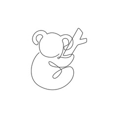 One continuous line drawing of adorable koala on tree for national zoo logo identity. Little bear from Australia mascot concept for conservation park icon. Single line draw design vector illustration © Simple Line