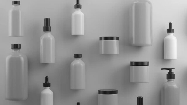 3d render of beauty bottles. Cosmetic bottle 3d background. Set of body care flasks with abstract liquid. Loop animation sequence.

