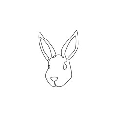Single continuous line drawing of funny rabbit head for pet shop logo identity. Cute bunny animal mascot concept for kids toy shop icon. Trendy one line draw design vector graphic illustration