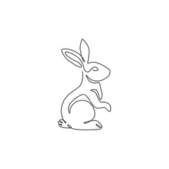 One continuous line drawing of adorable standing rabbit for animal lover club logo identity. Cute bunny animal mascot concept for kids doll shop icon. Single line draw design vector illustration