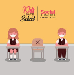 Girl and boy kid with uniform and medical mask at desk design, Back to school and social distancing theme Vector illustration