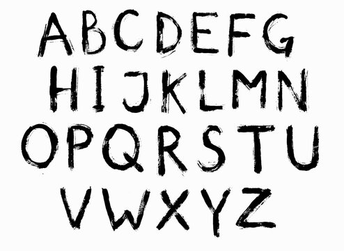 Handwritten bitmap font. The effect of dry brush. Letters of the English alphabet. Isolate on white. High resolution.