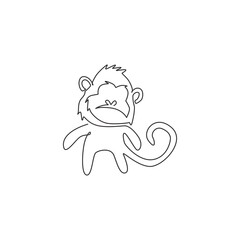 Single continuous line drawing of cute walking monkey for national zoo logo identity. Adorable primate animal mascot concept for circus show icon. One line draw design graphic vector illustration