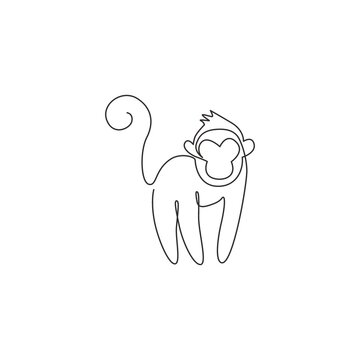 One single line drawing of cute monkey for company business logo identity. Adorable primate animal mascot concept for corporate icon. Trendy continuous line draw design vector graphic illustration