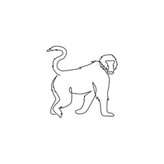 One continuous line drawing of walking baboon for conservation jungle logo identity. Primate animal mascot concept for national park icon. Modern single line graphic draw design vector illustration