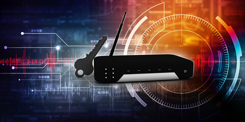 Wireless router with the key. 3D illustration
