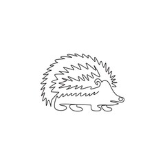 Fototapeta na wymiar Single continuous line drawing of cute little baby hedgehog for logo identity. Funny tiny thorny mammal rodent concept for pet lover icon. Dynamic one line draw graphic design vector illustration